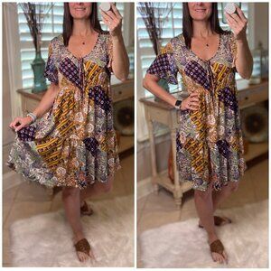 Patchwork Boho Floral Summer Dress Navy Blue 1821